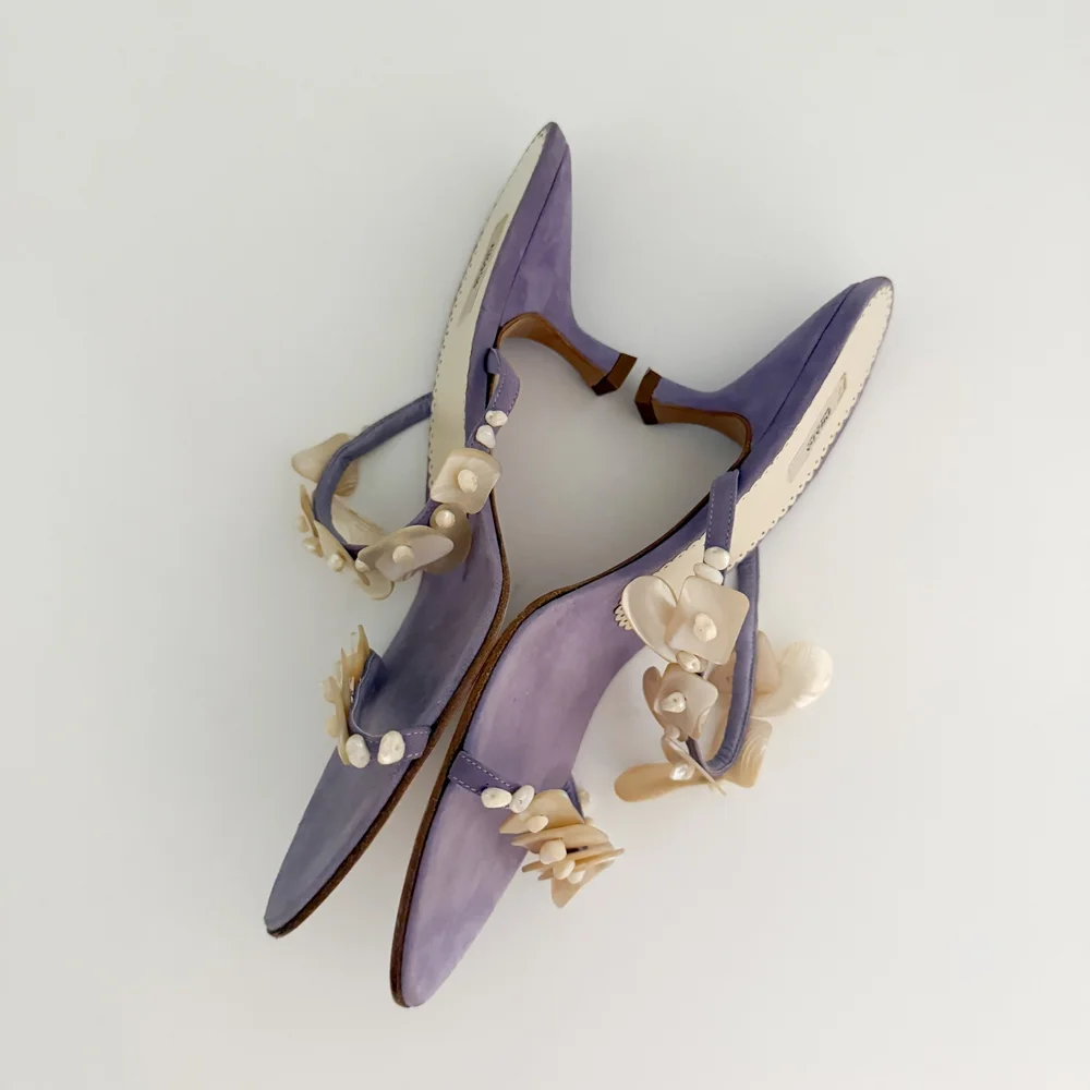 Prada Vintage Shell Suede Sandal Heels (US 9 / IT 39) — sororité.